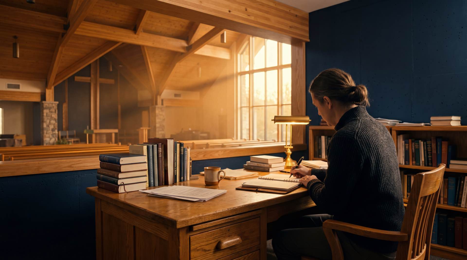 Church administrator workspace with warm golden desk glow