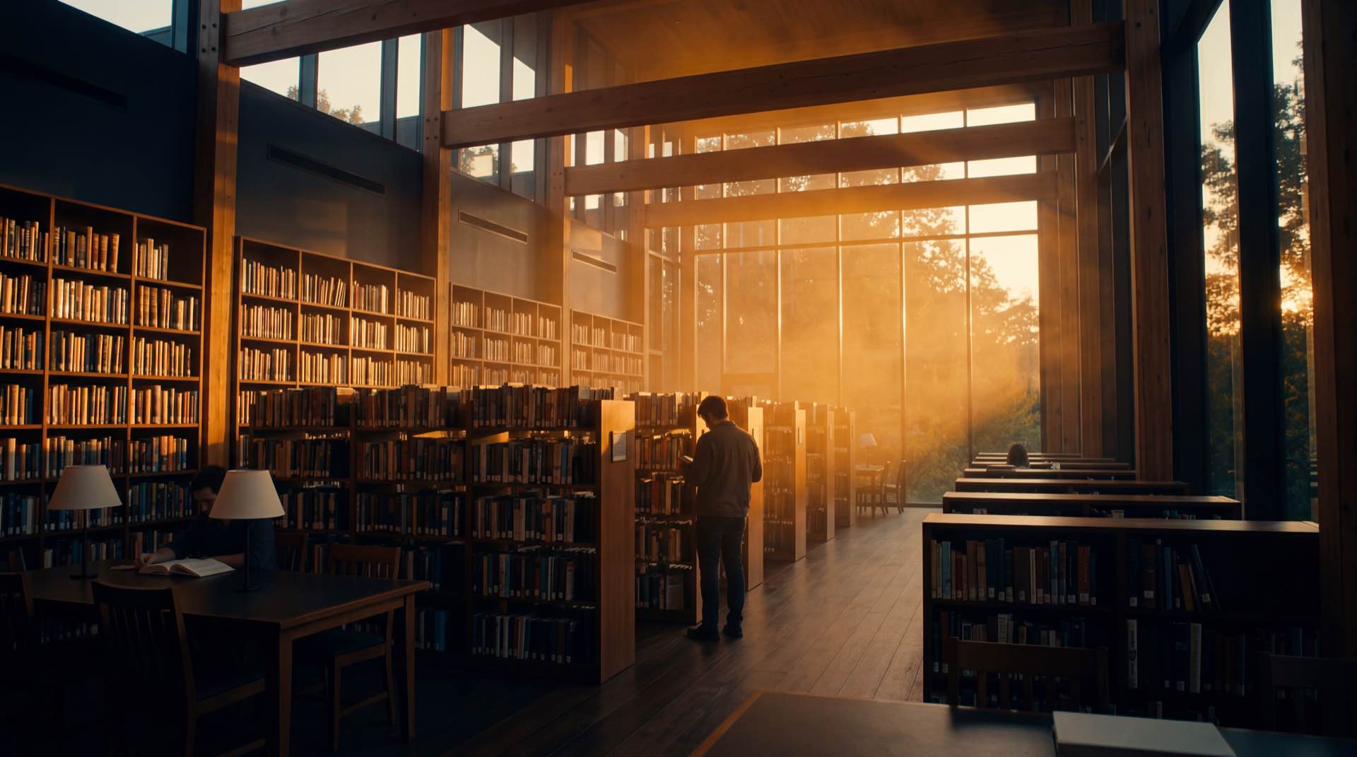 Warm church study library with amber light streaming through tall windows
