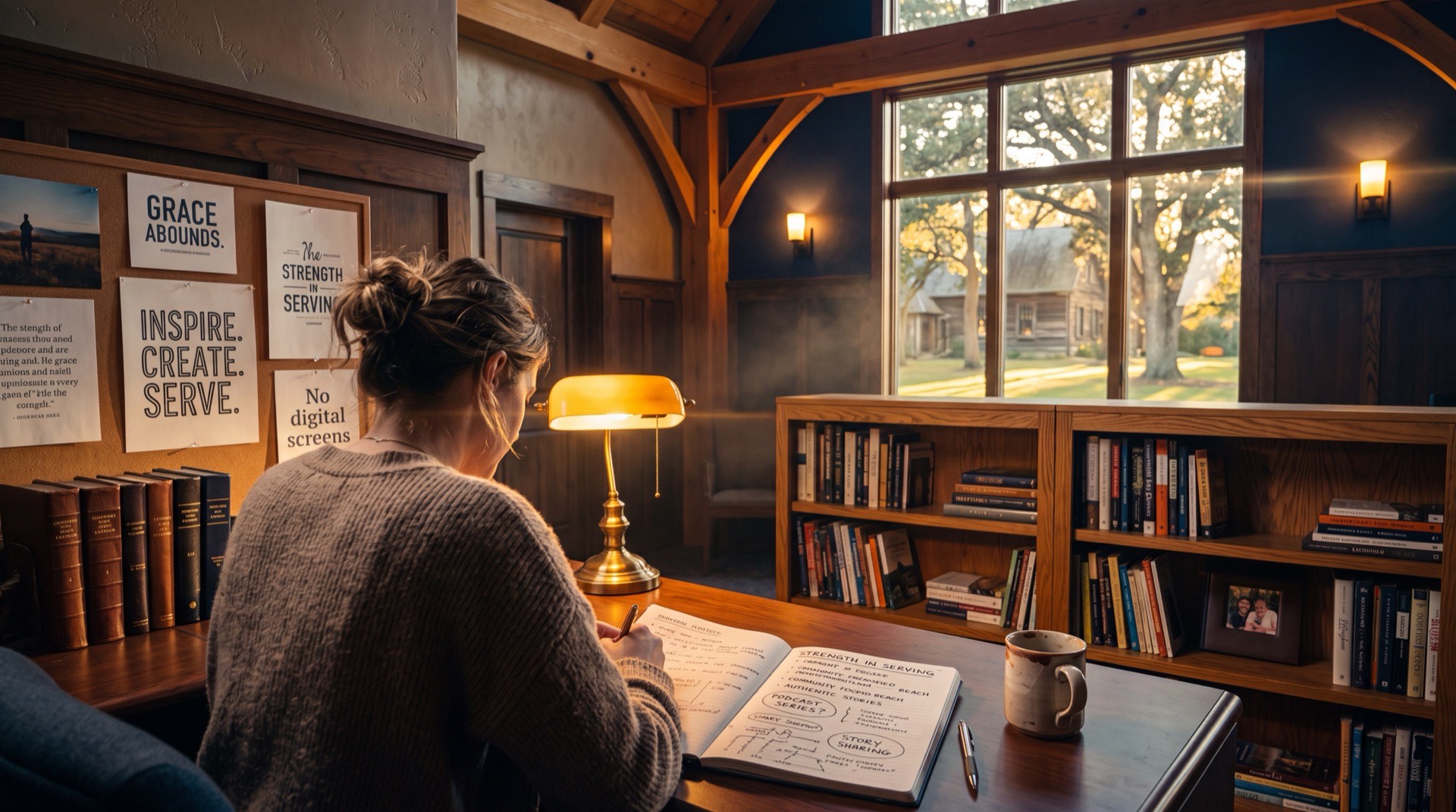 Creative church workspace with sermon notes and warm golden light