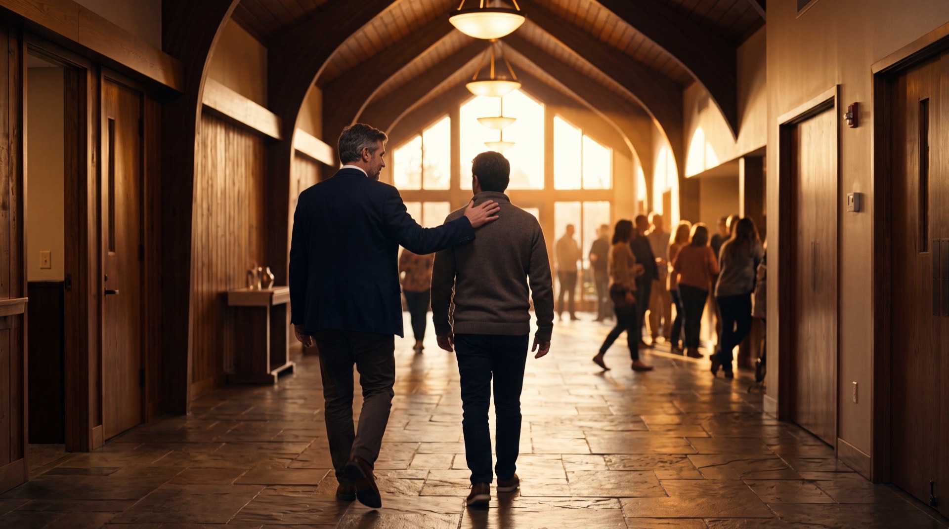 Pastor in warm hallway with hand on congregant shoulder in caring moment