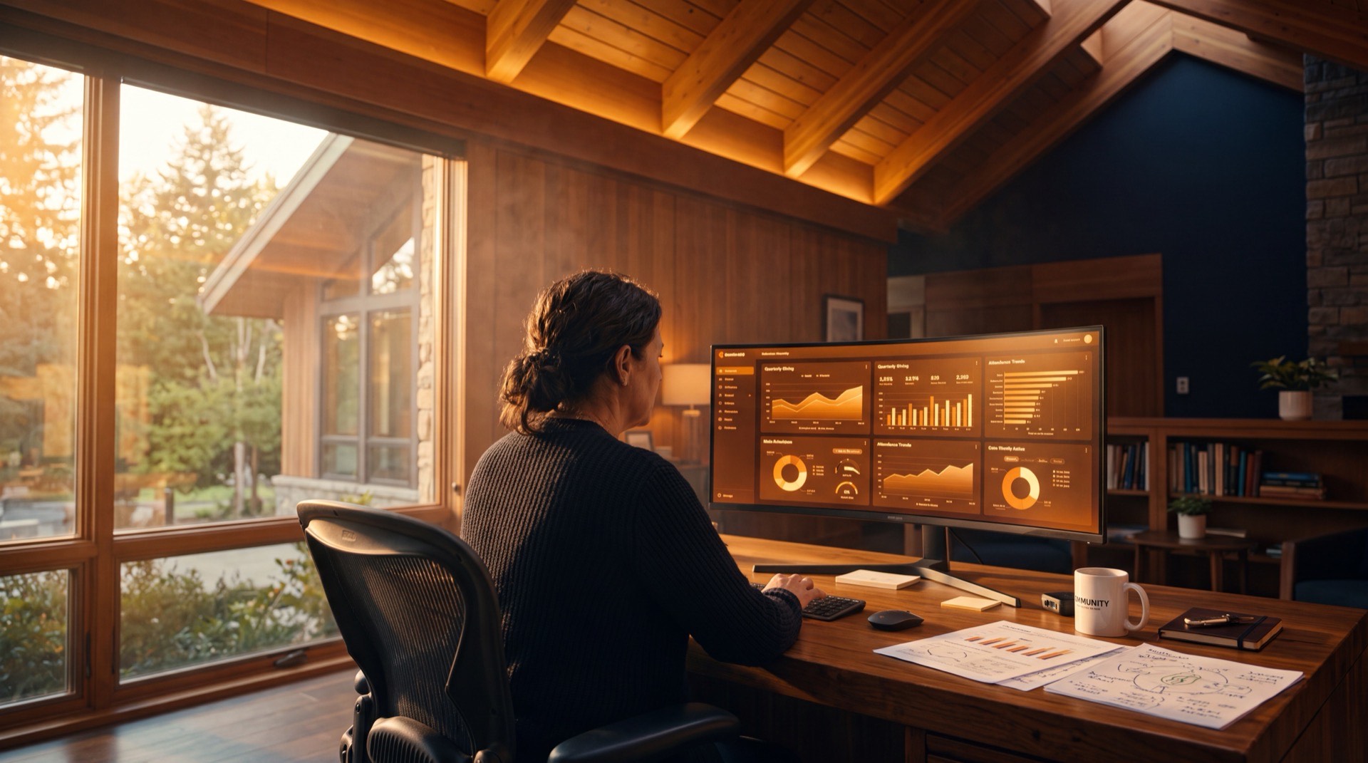 Church leaders reviewing reports at warm conference table in golden light