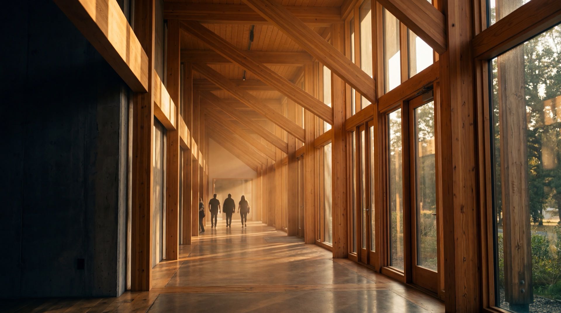 Modern church hallway with warm volumetric amber light