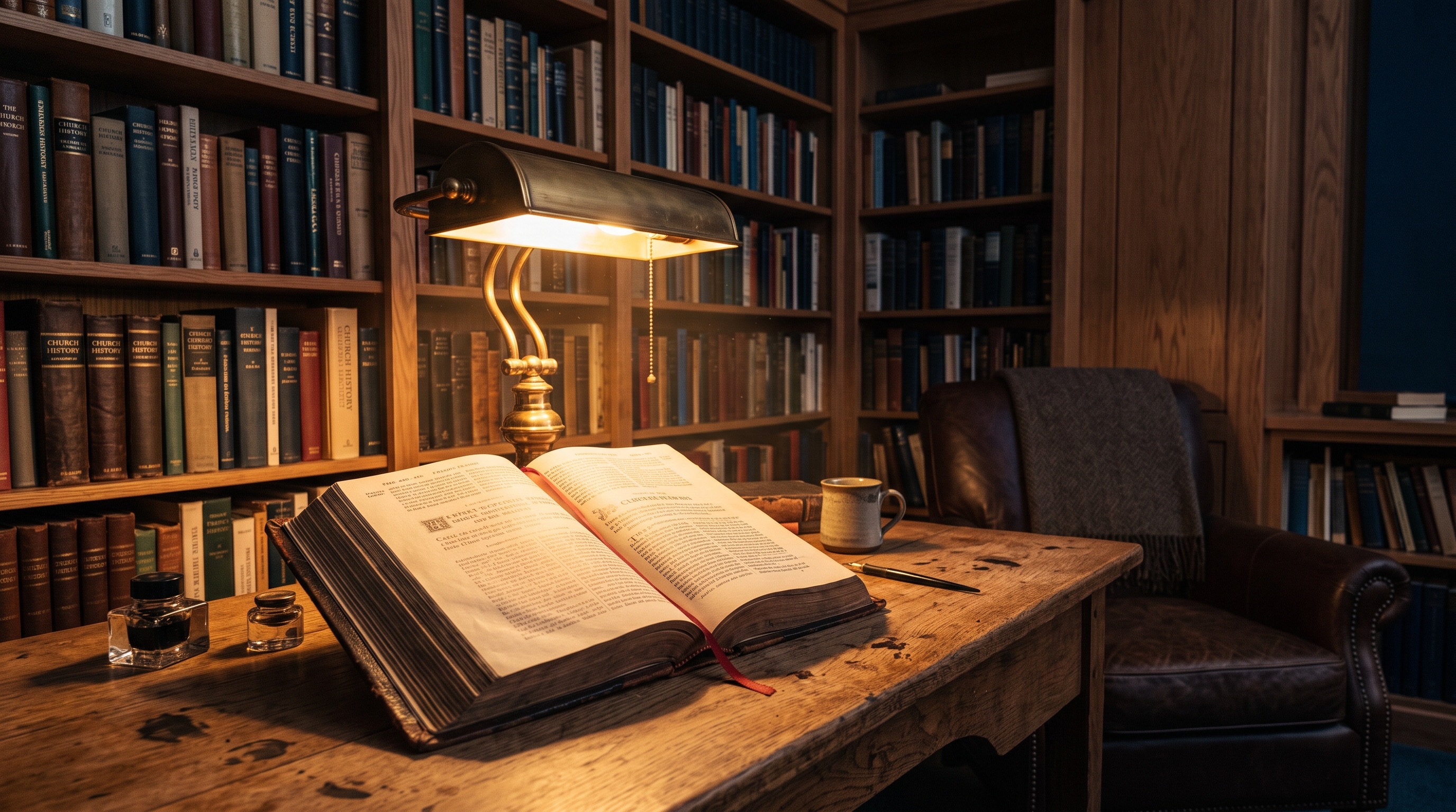 Intimate church study with warm lamplight