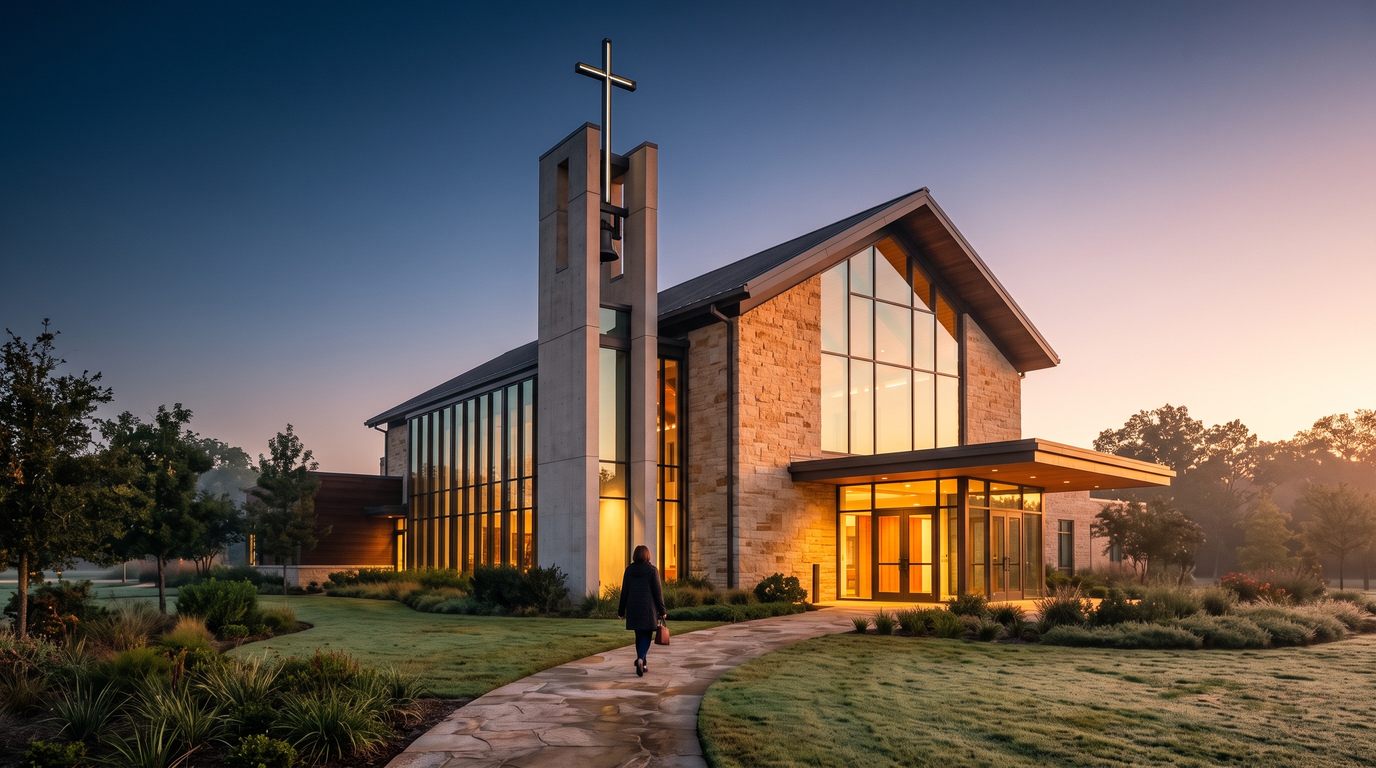Modern church exterior at dawn with single figure approaching entrance