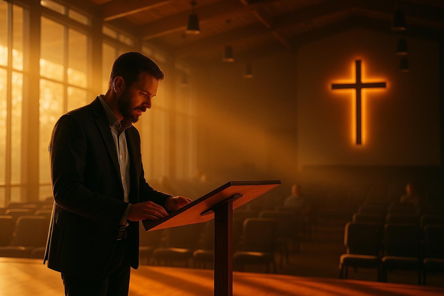 Pastor at amber-lit stage reviewing sermon notes in warm worship room between services