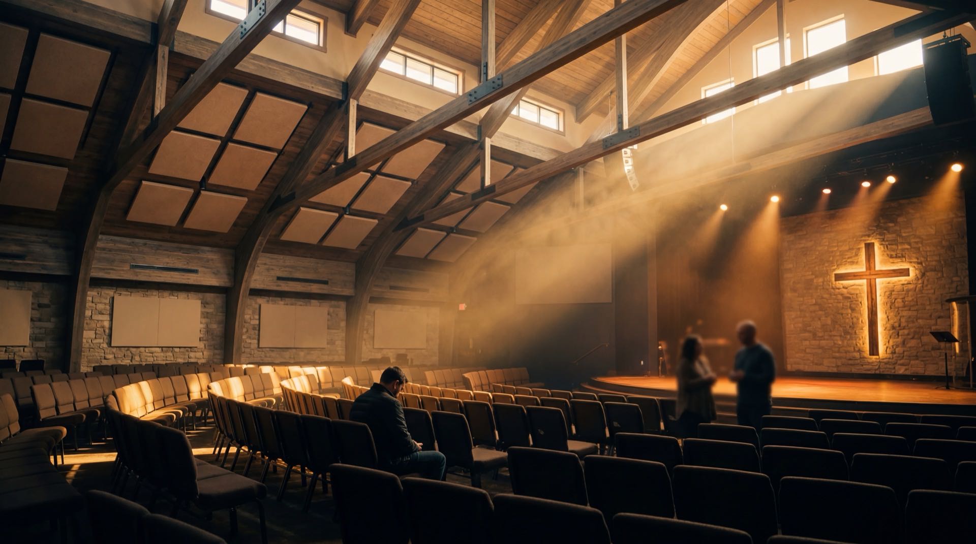 Intimate worship space with warm golden light and volumetric haze