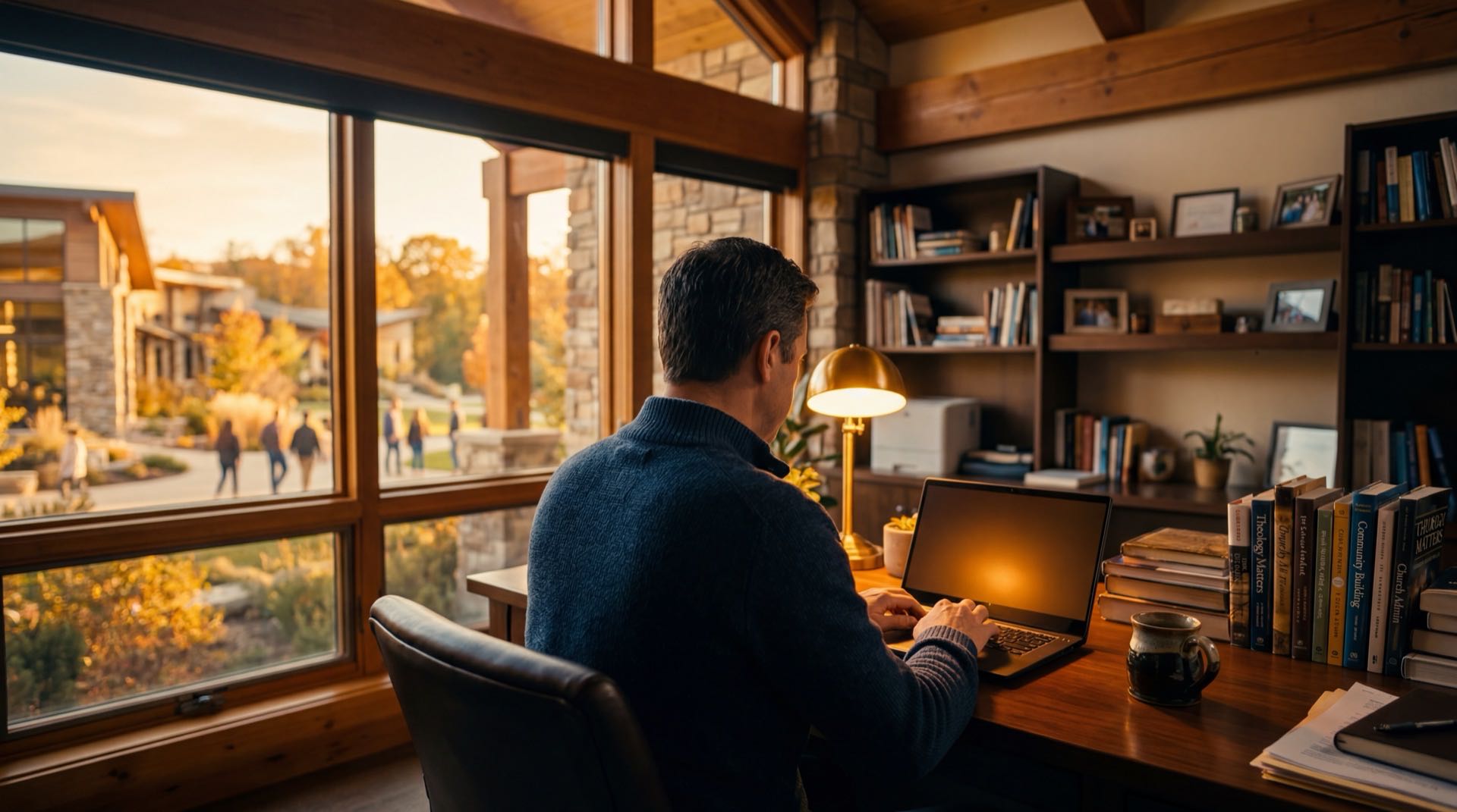 Church administrator at warm wooden desk with laptop glow