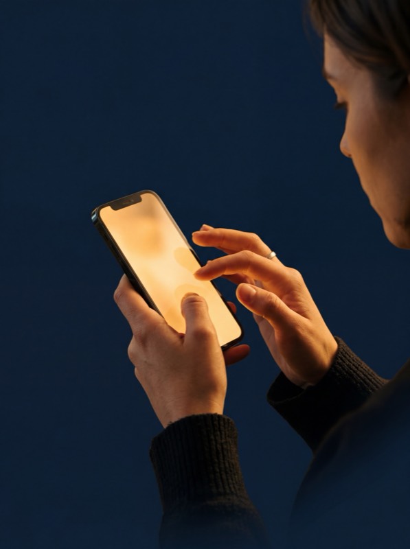 Hands holding phone with warm amber chatbot glow