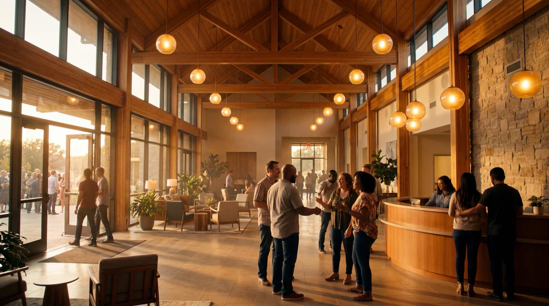 Church lobby with people connecting in warm golden light