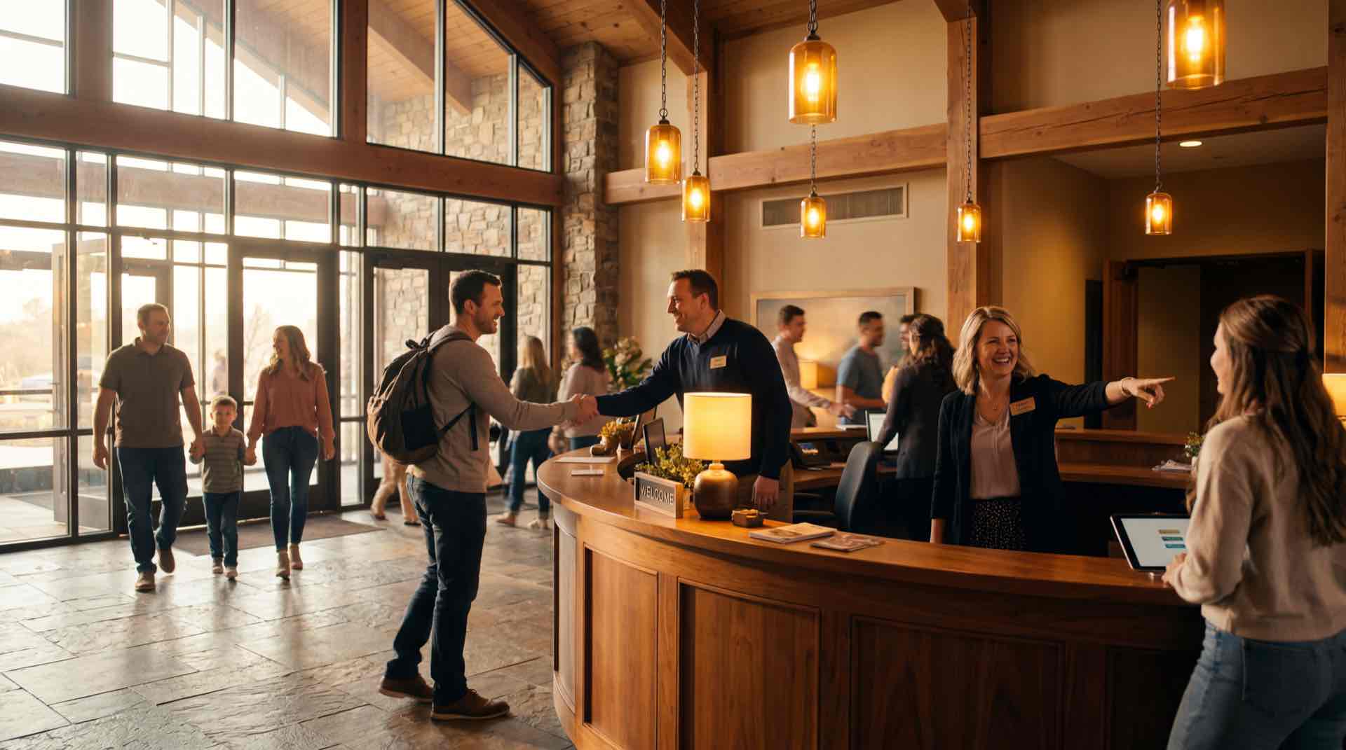 Church welcome center with warm amber hospitality light