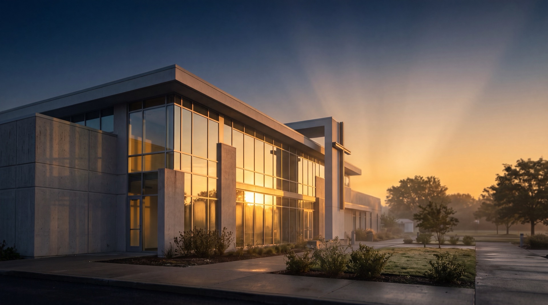 Modern church exterior at dawn with amber light breaking over horizon