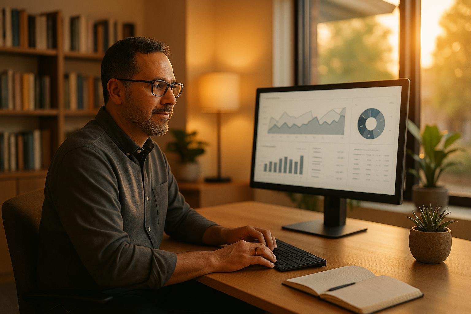 Ministry leader reviewing analytics dashboard at modern office desk