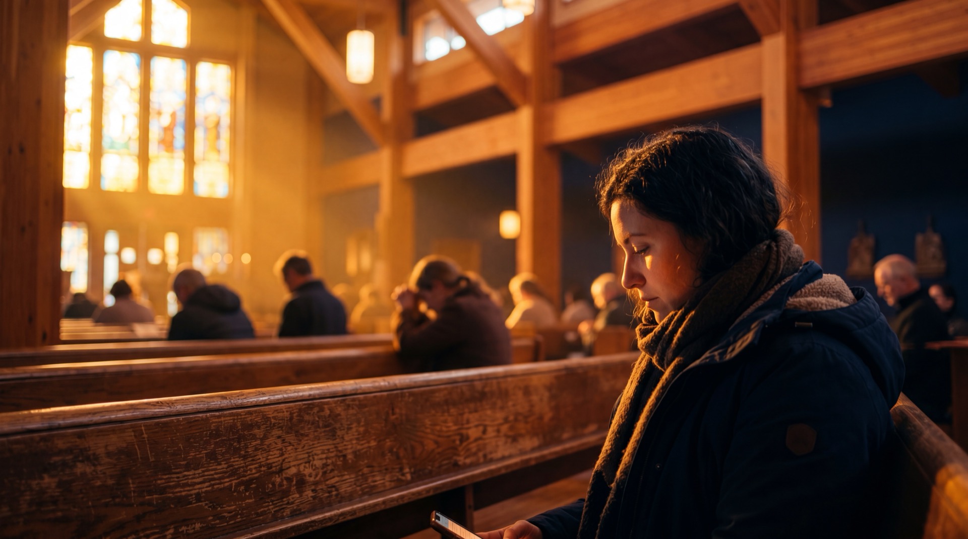 Person in warm church pew with amber phone glow