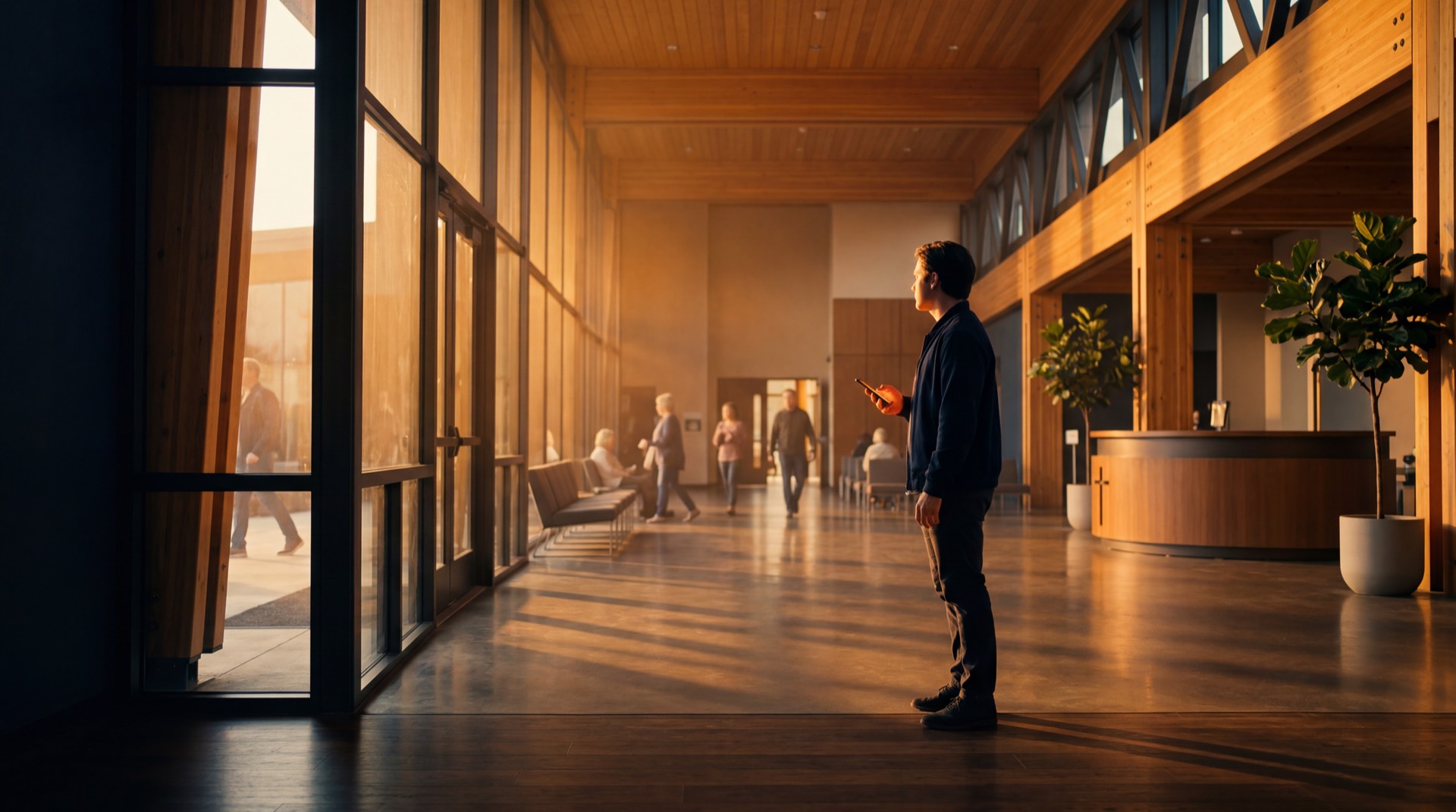 Golden-hour church lobby with warm amber light