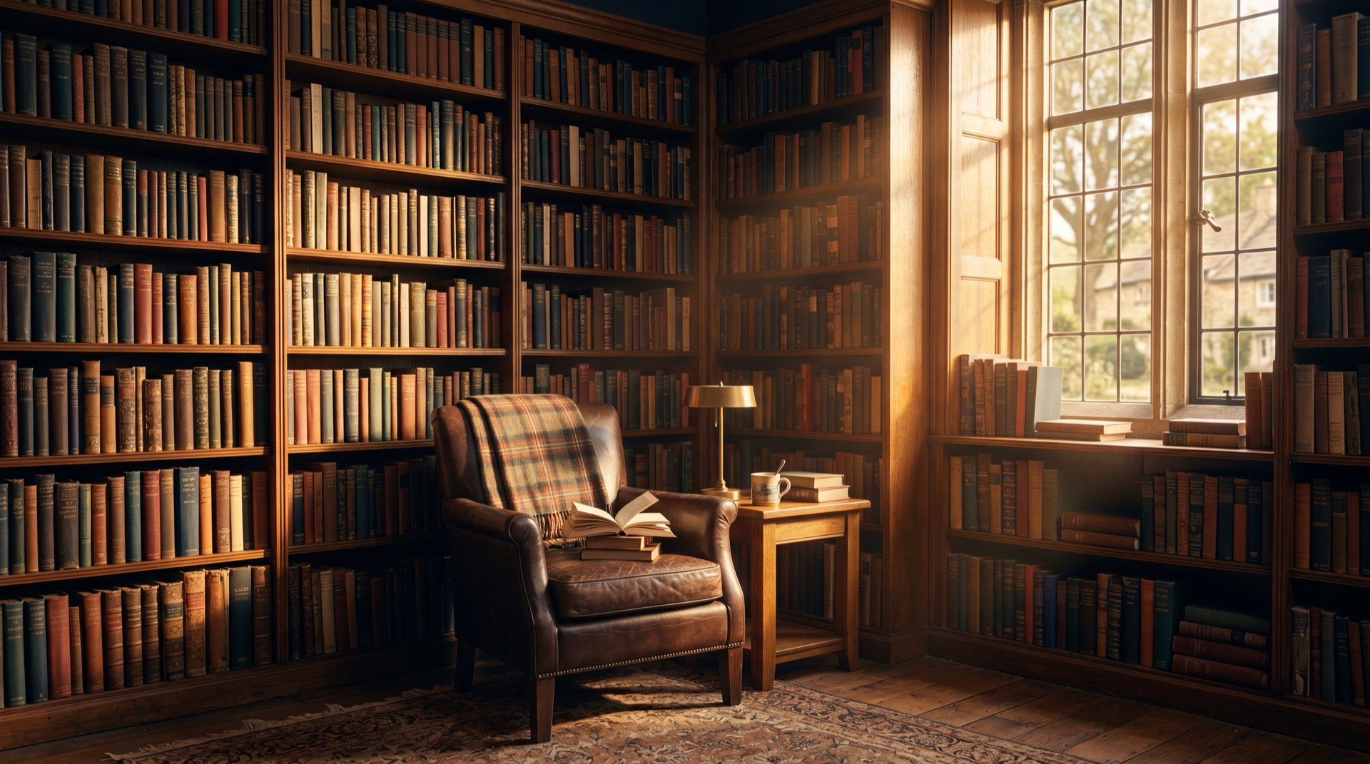 Warm pastoral study with bookshelves and golden light