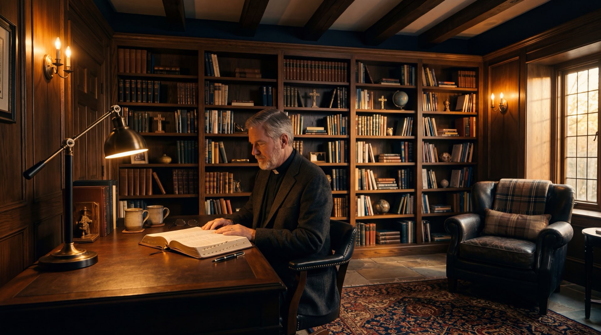 Pastor study with warm lamplight and bookshelves