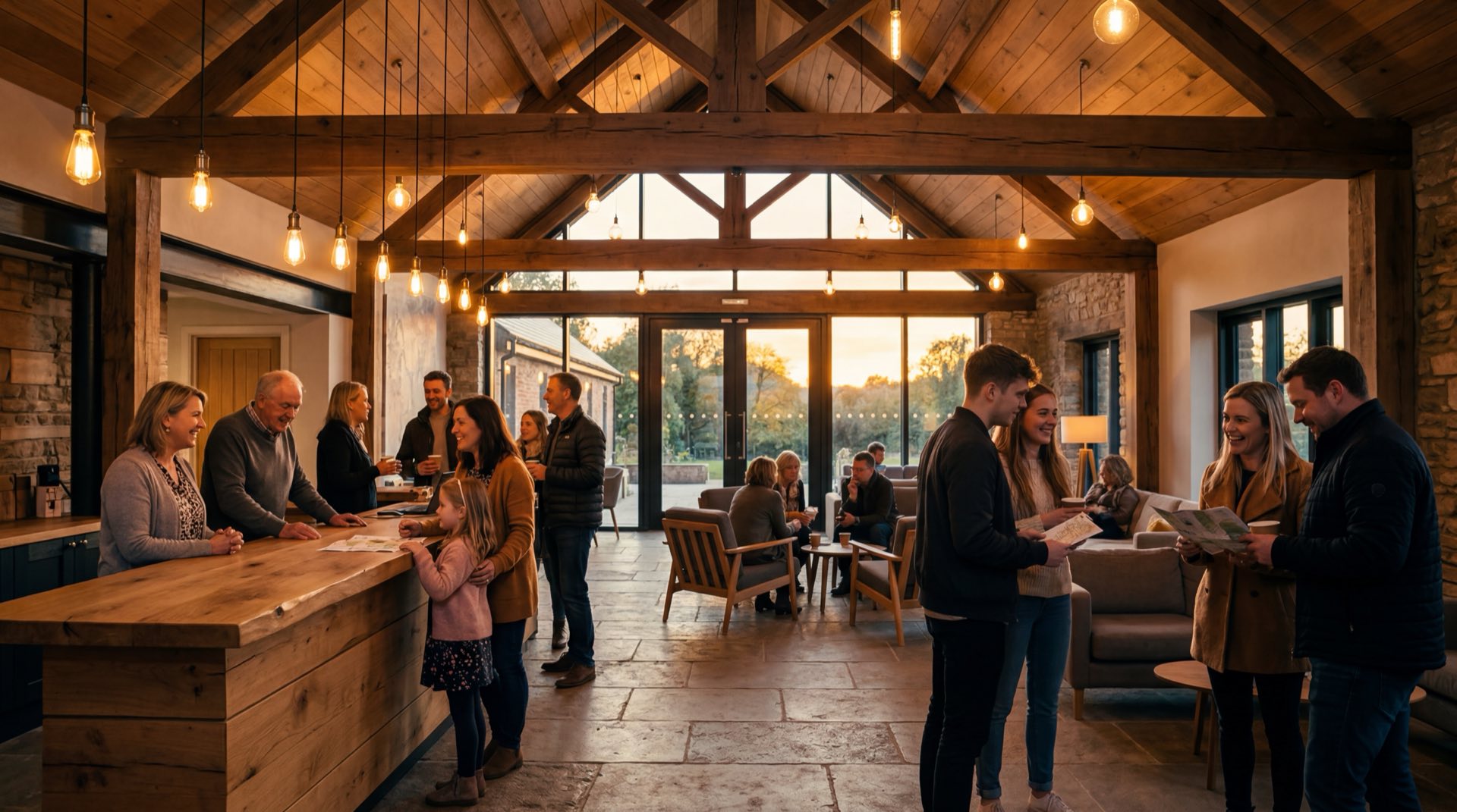 Church gathering space with people at welcome area in warm golden hour light