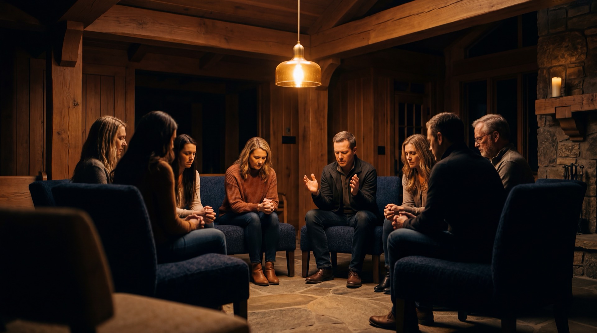 Intimate church prayer and worship space with warm amber lighting