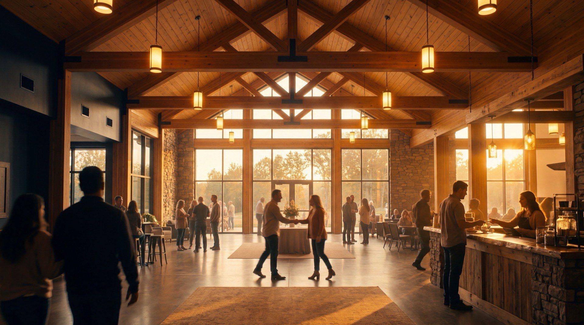 Warm church gathering space with golden hour light, people connecting and community