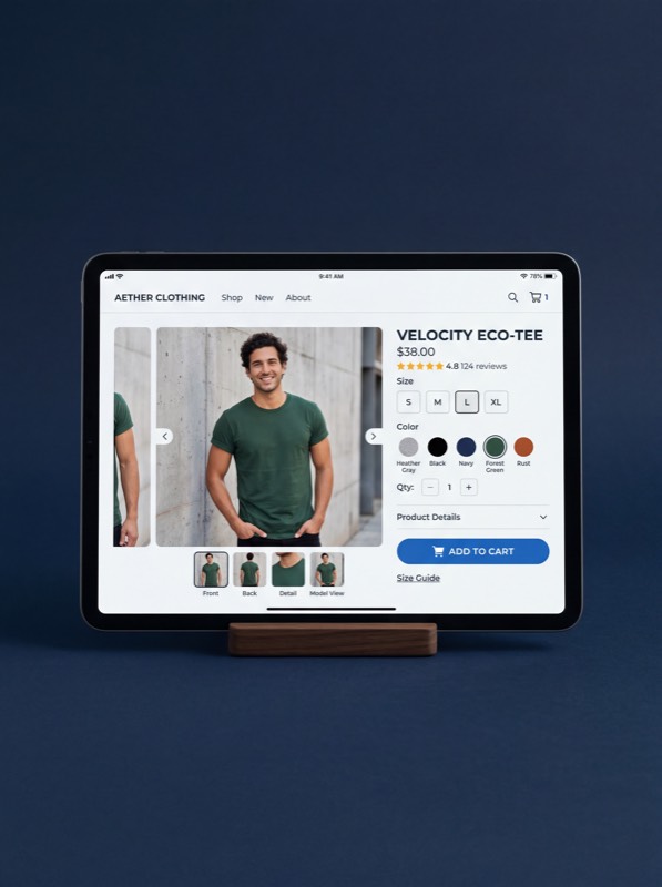 Tablet showing an online store product page with variant selector