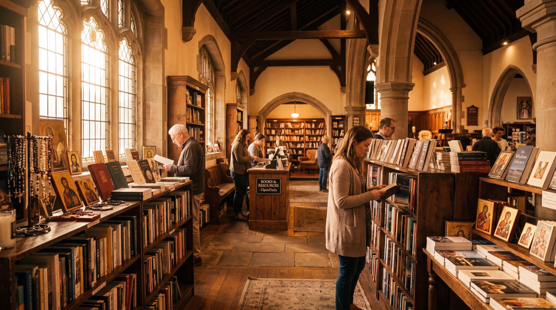 Warm church bookstore interior with golden sunlight and browsing visitors