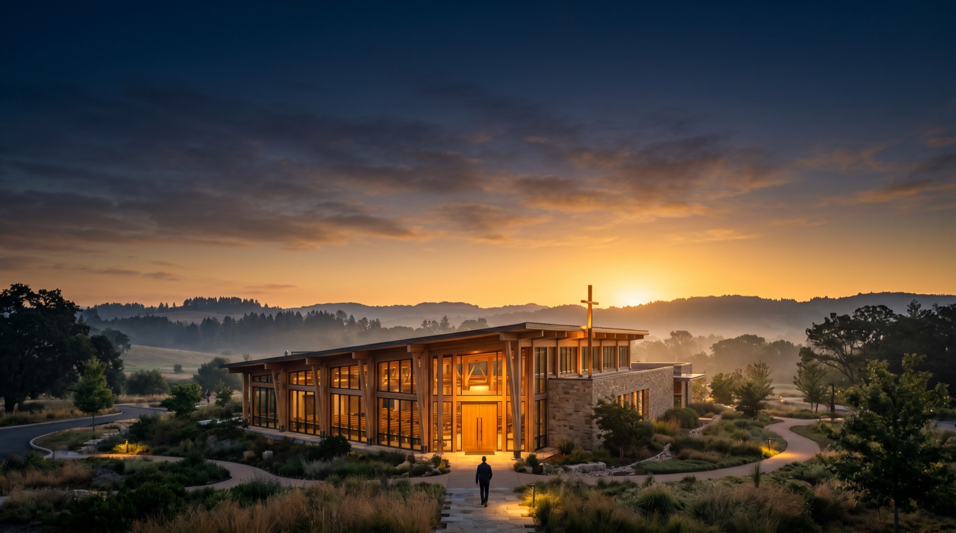 Dream church at dawn with warm amber sunrise light