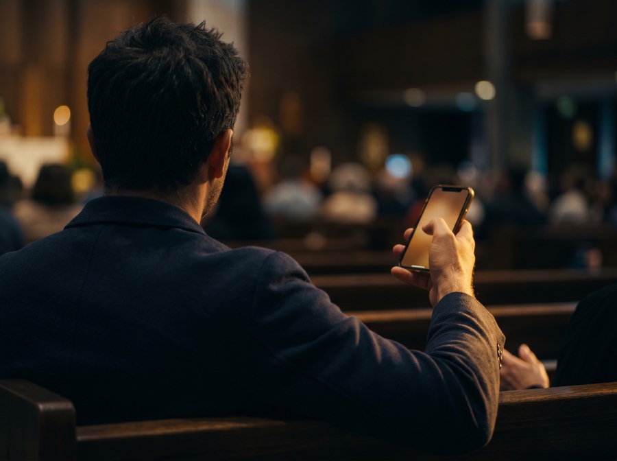 Person seen from behind giving on phone with warm amber glow in church