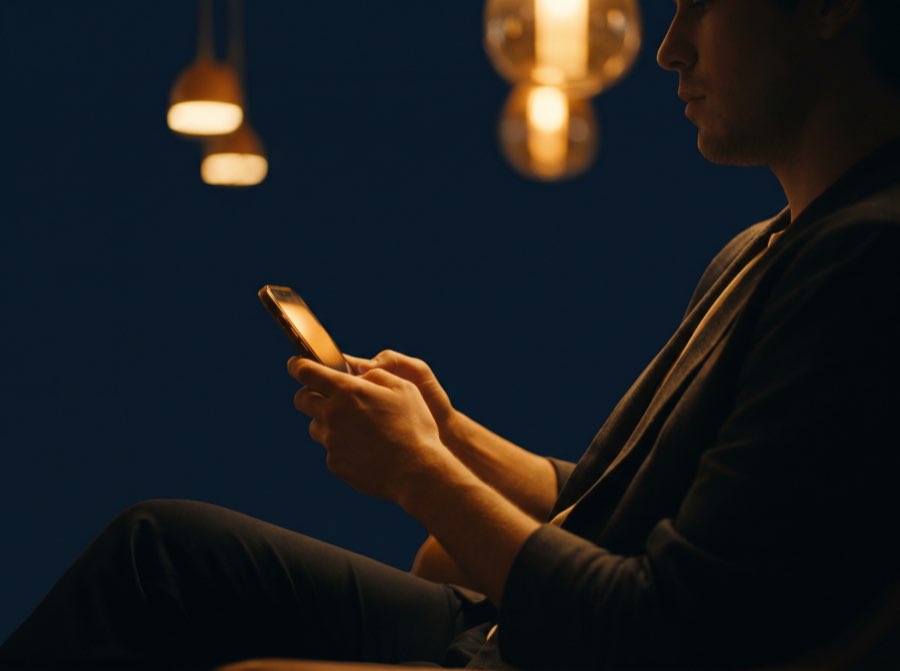 Person using smart checkout on phone with warm amber glow in church lobby