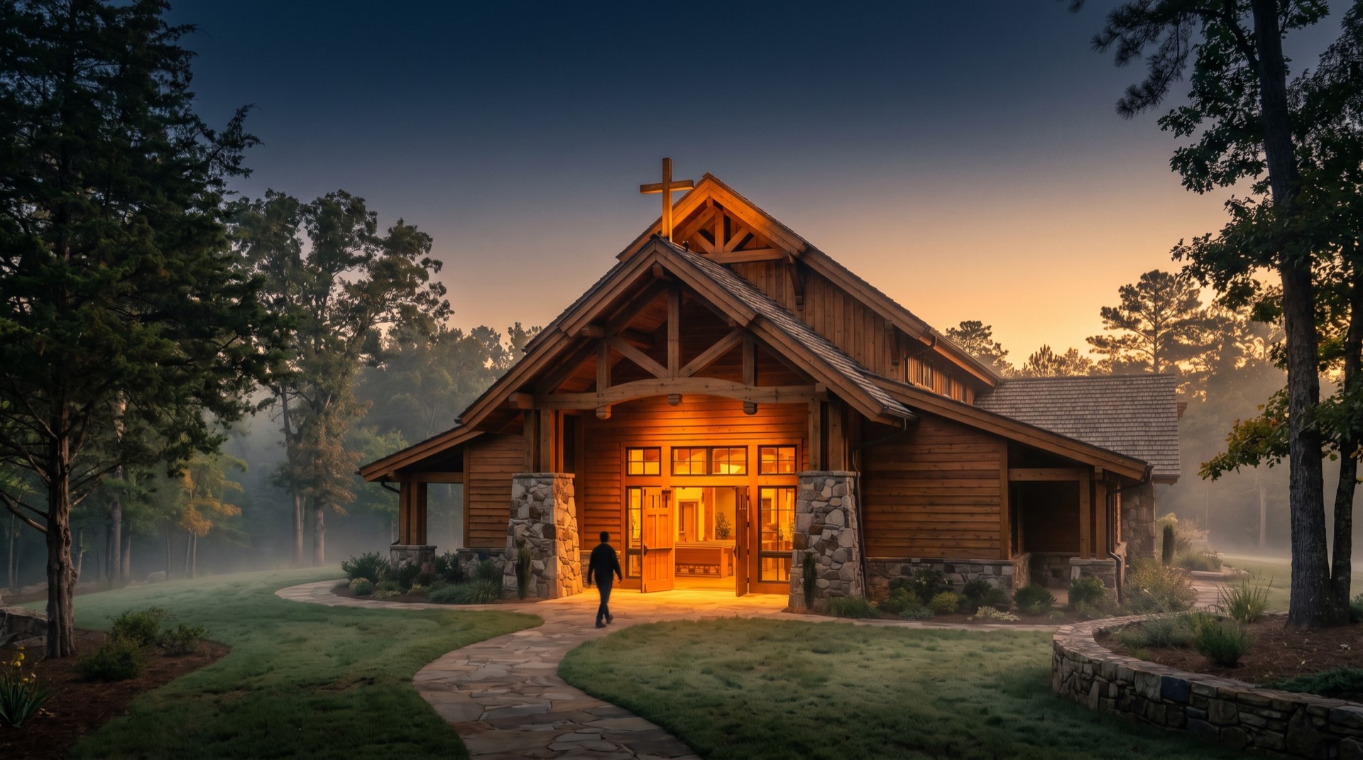 Dream church at dawn with warm amber light and figures approaching