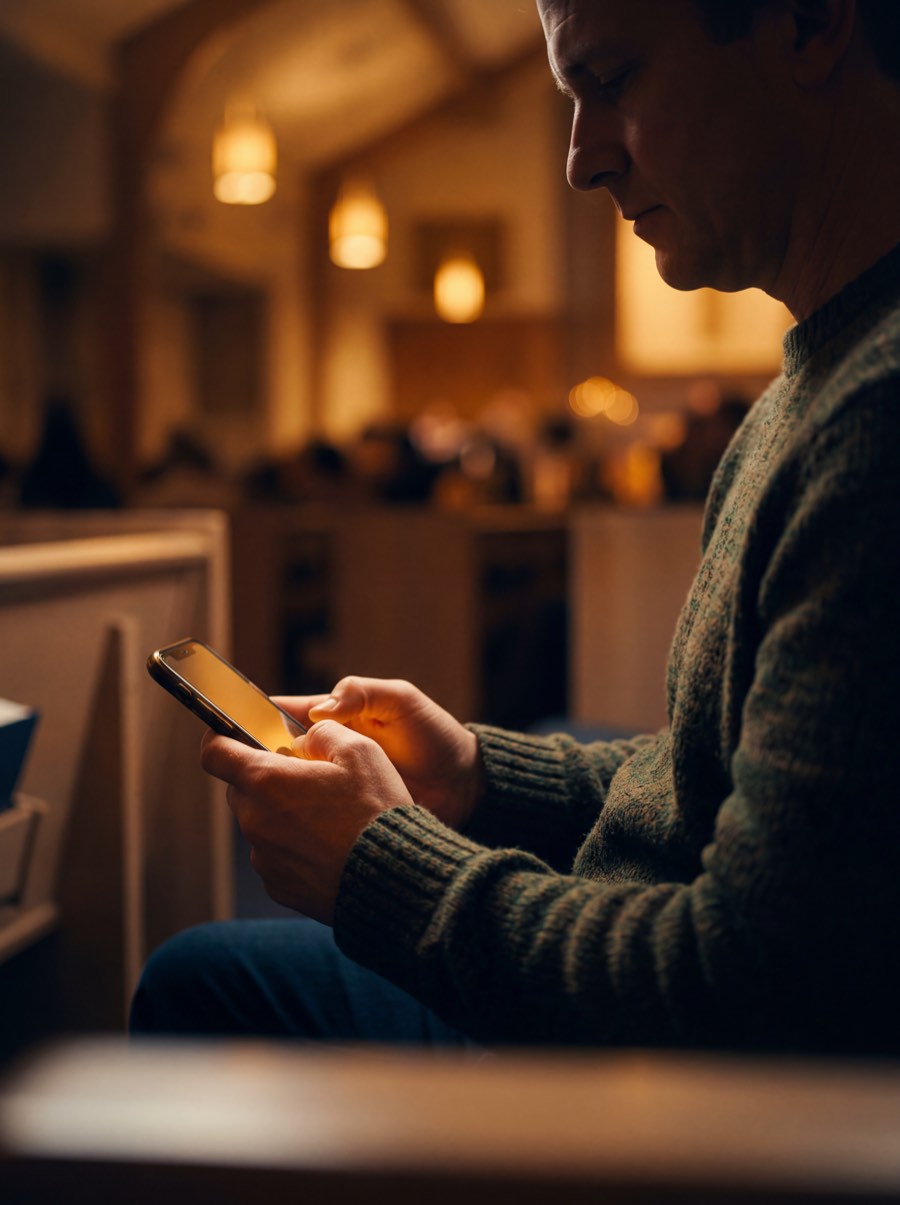 Person texting a gift in warm church light with amber phone glow