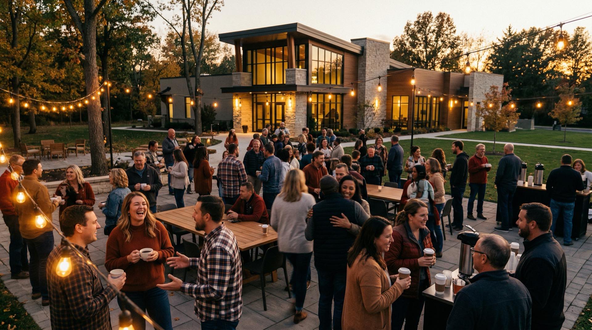 Church community fellowship gathering with warm ambient lighting