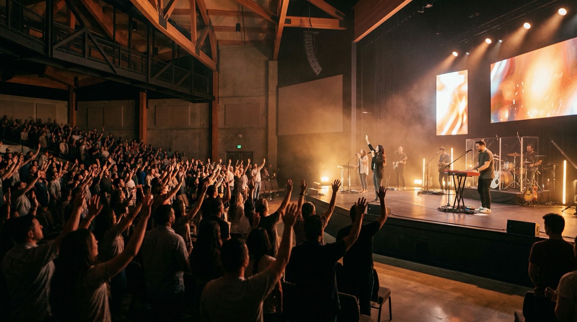 Warm church worship service with golden stage lighting