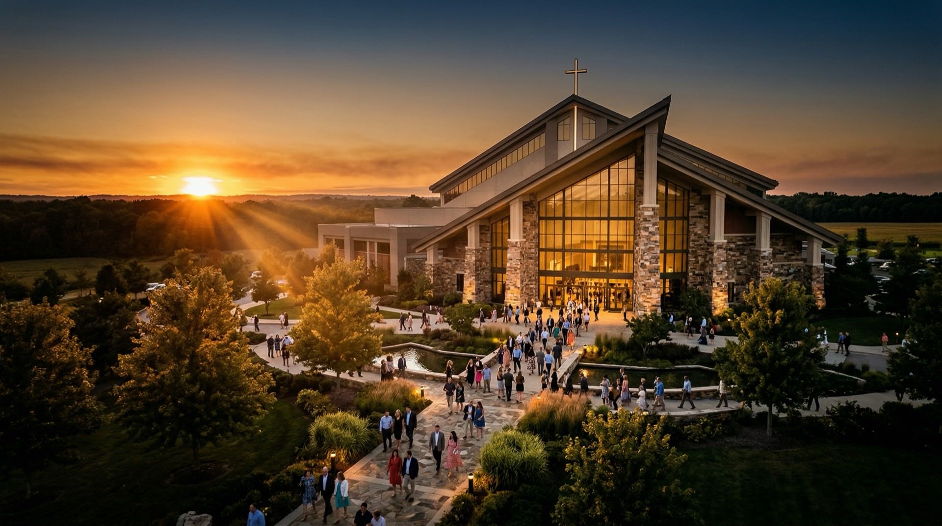 Modern church campus bathed in golden hour light with congregation arriving