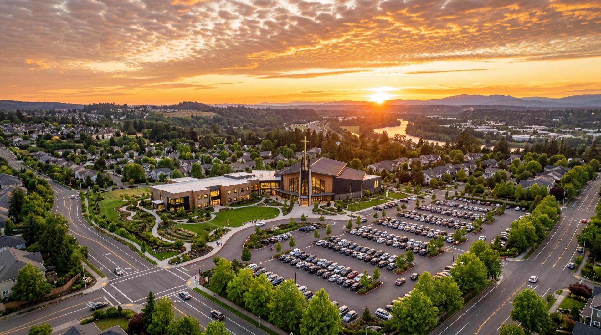 Modern church campus at golden hour