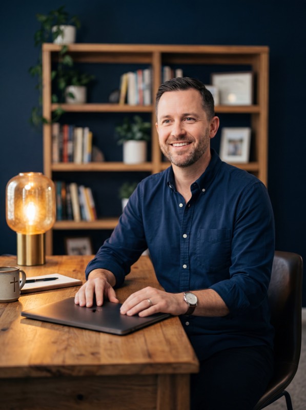 Pastor at modern desk with laptop designing church app