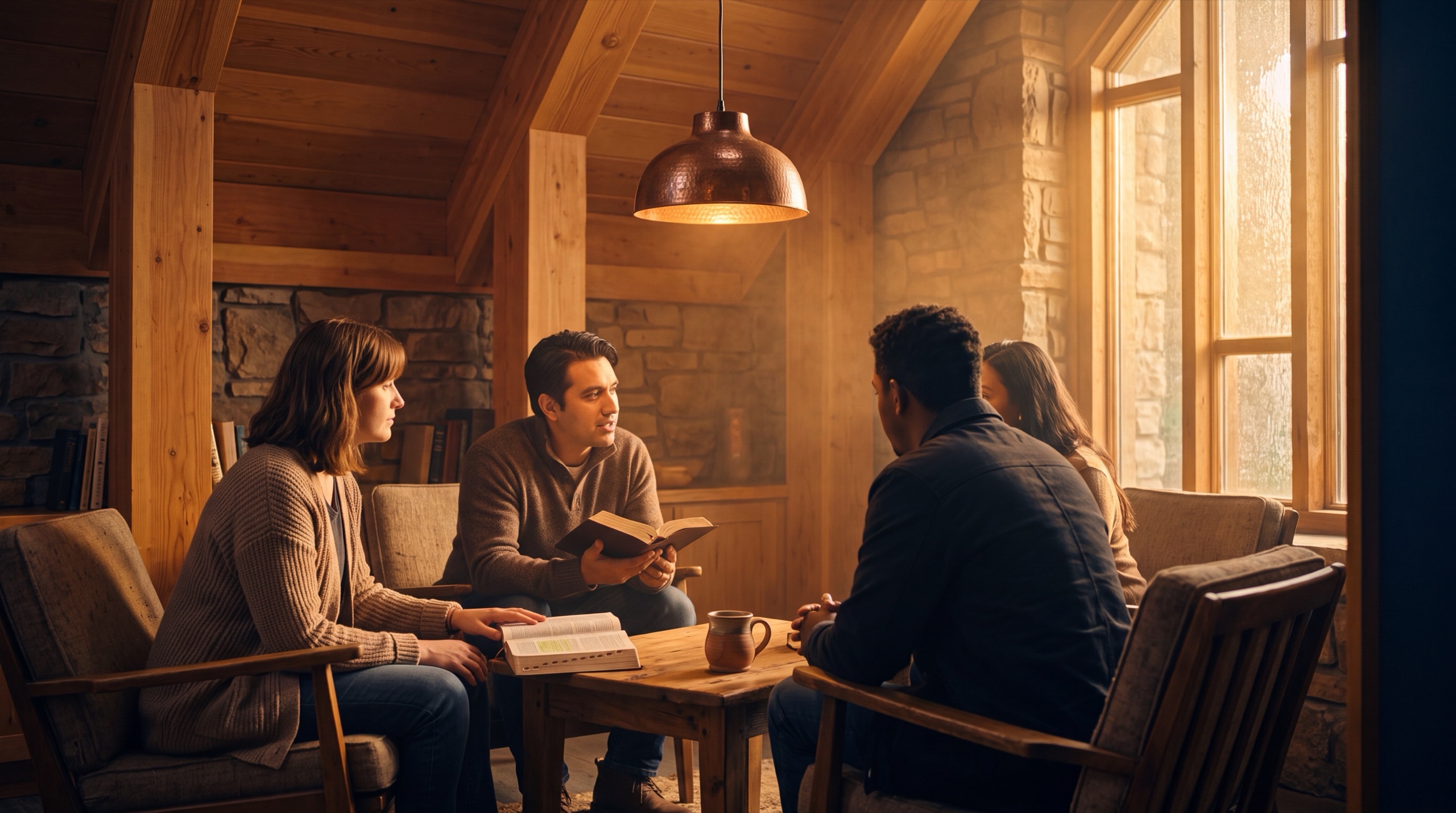Leader at small table in warm room with people gathered for intimate group meeting
