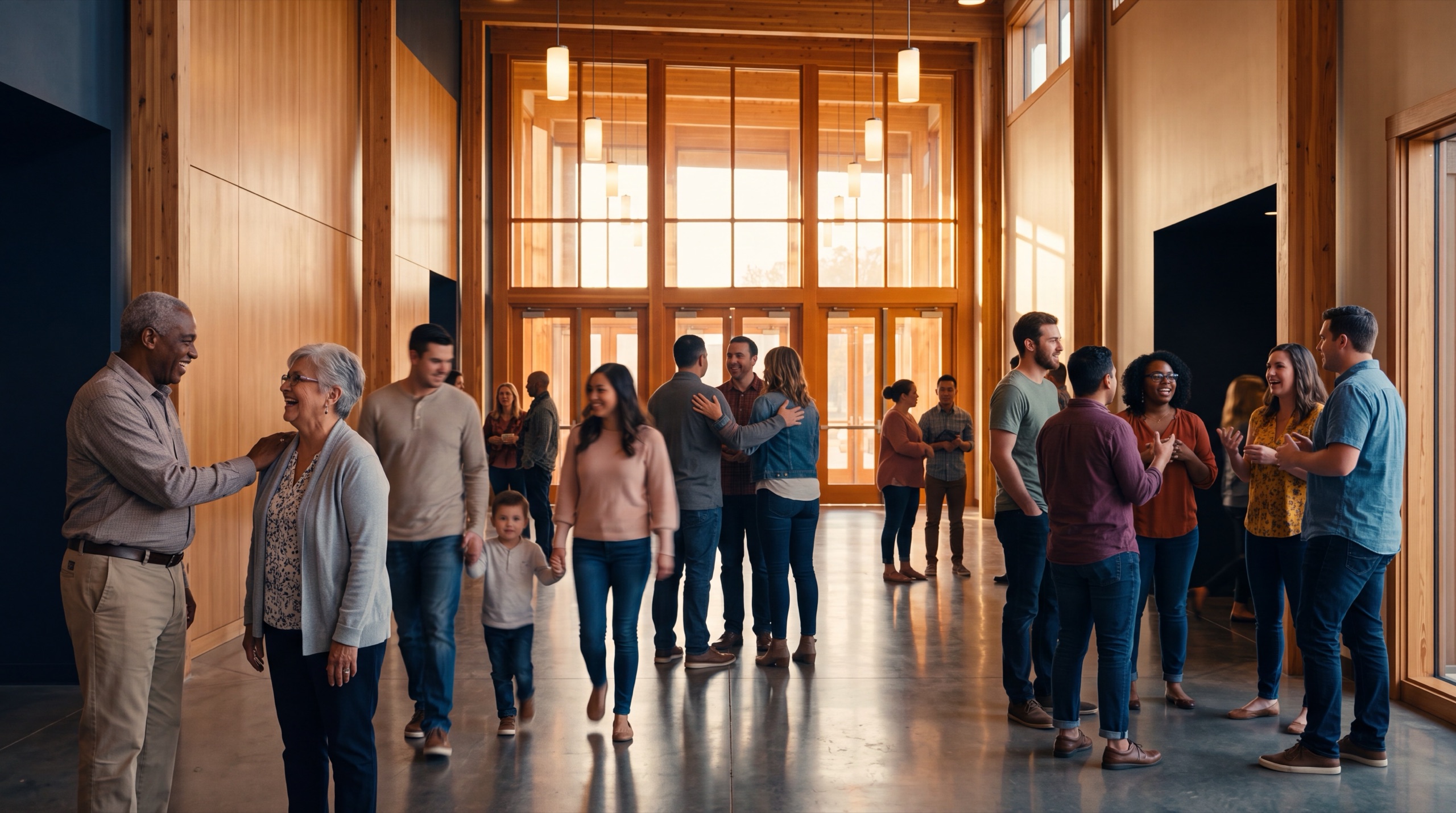 Church hallway after service with small clusters of people talking in warm amber light