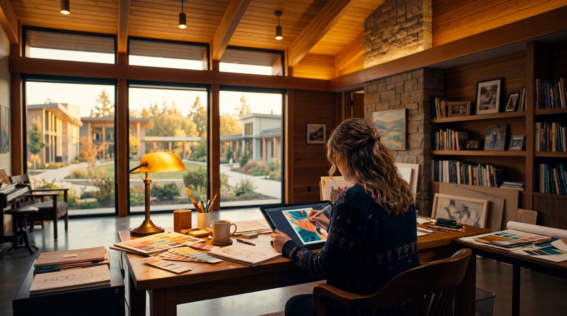Creative church workspace with designer at warm wooden desk