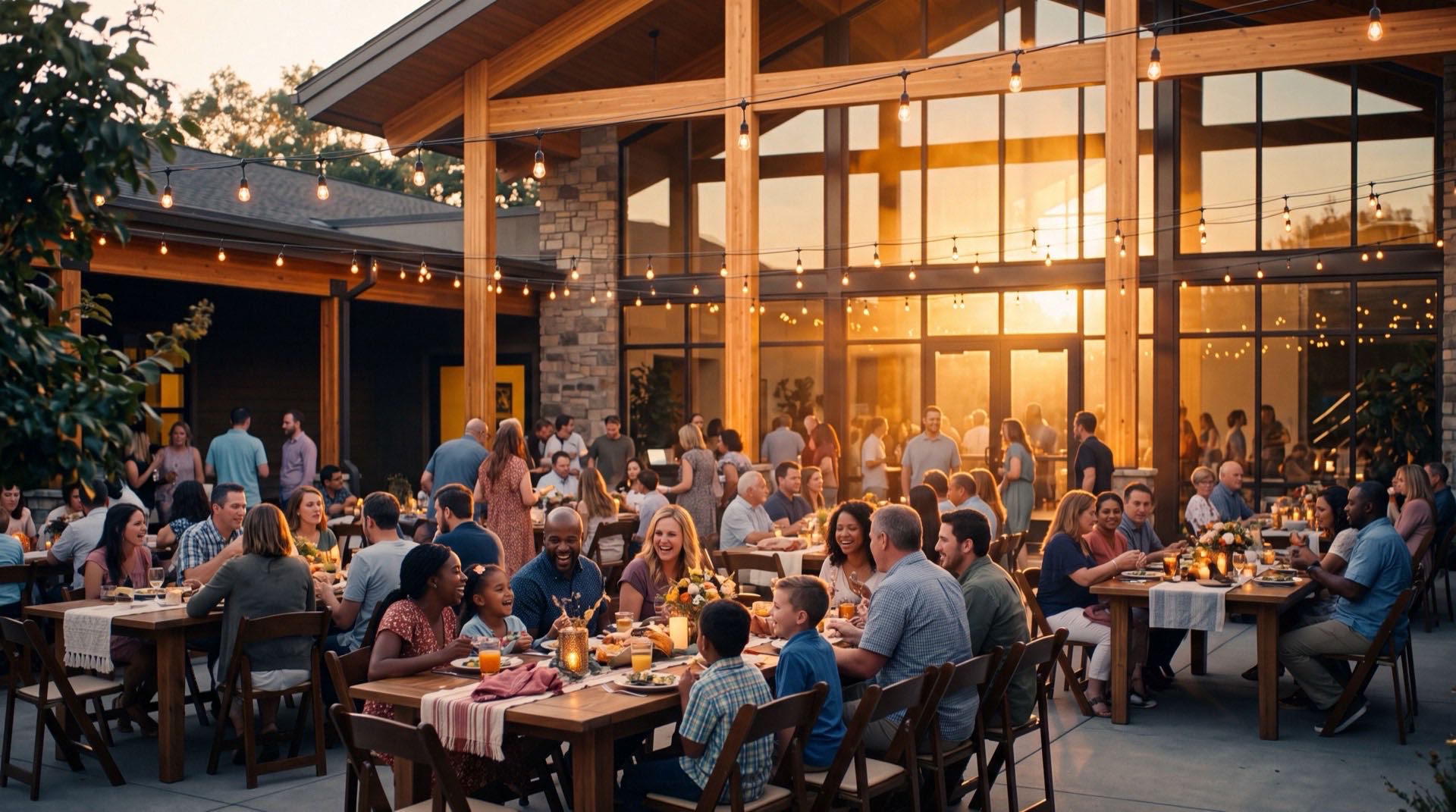 Church community gathering outdoors at golden hour with string lights
