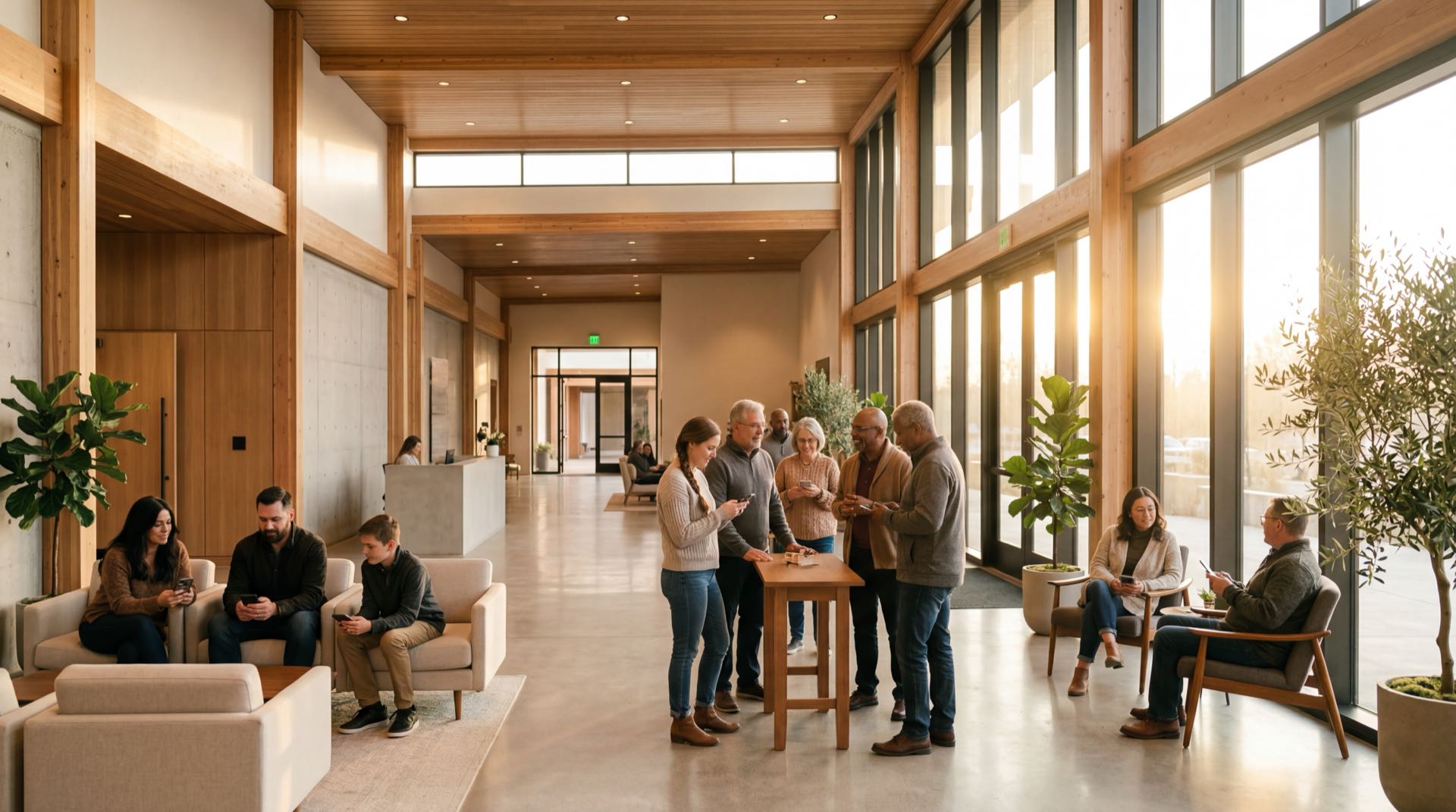 Modern church lobby with people connecting in warm golden hour light