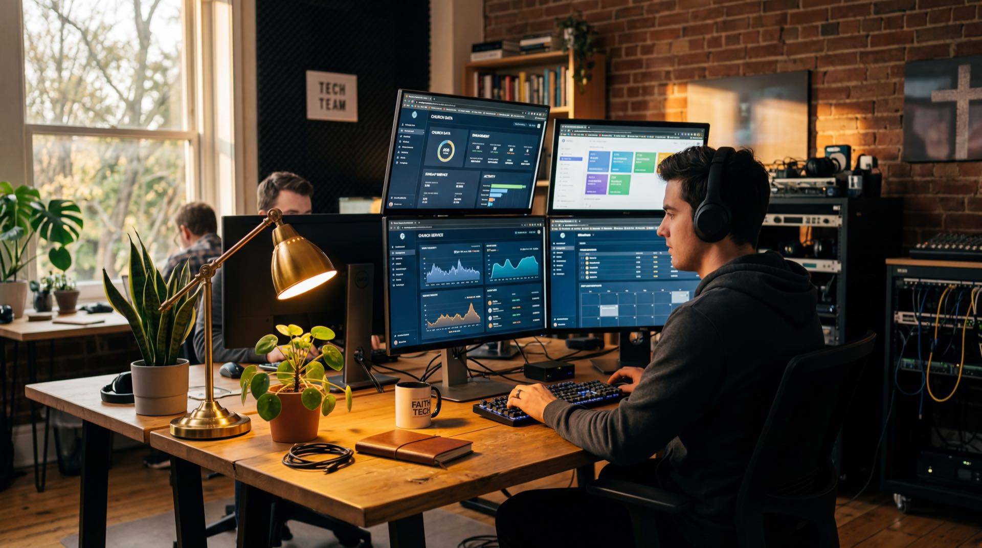 Church technology office with warm amber dashboard glow