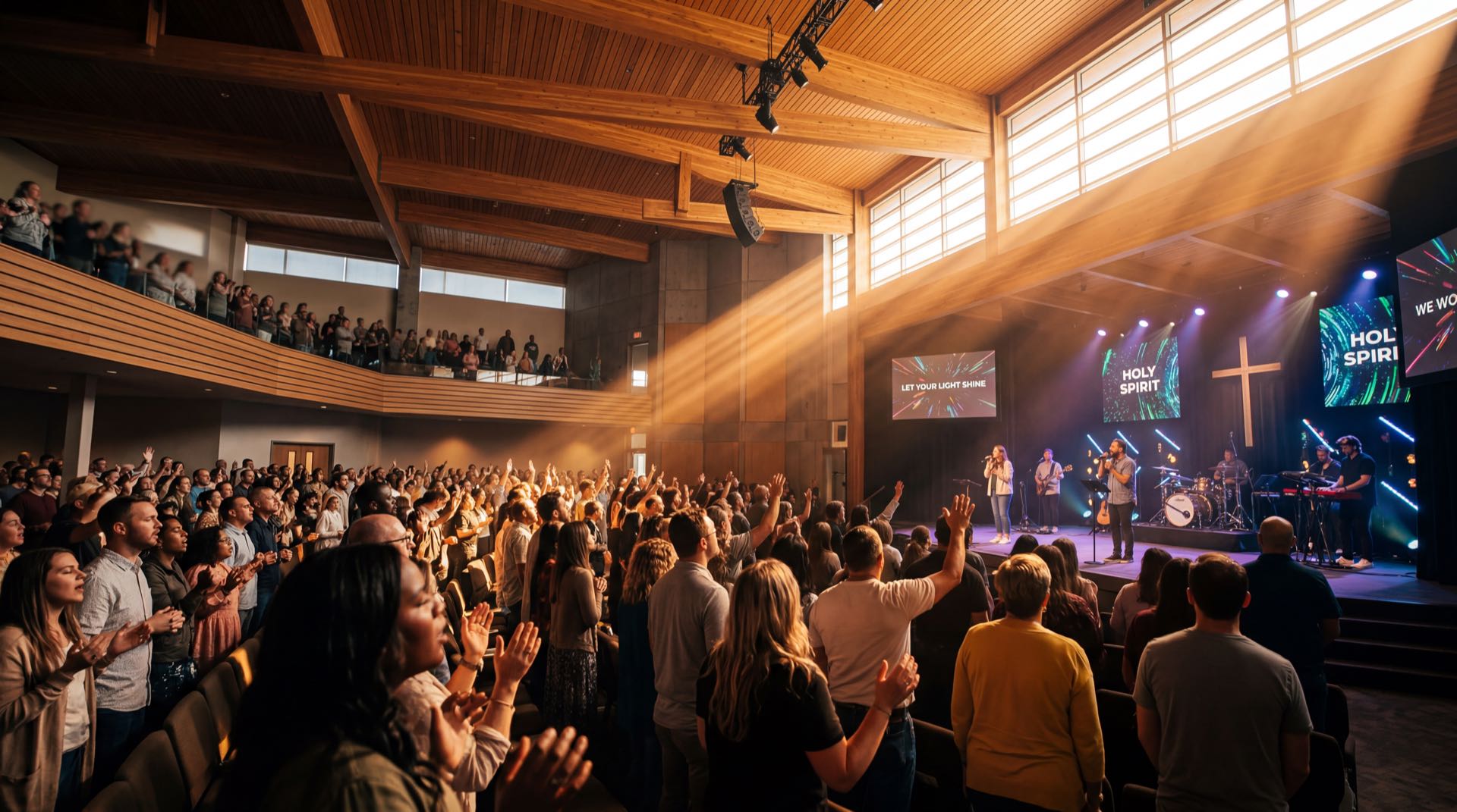 Modern church worship service with warm volumetric amber light