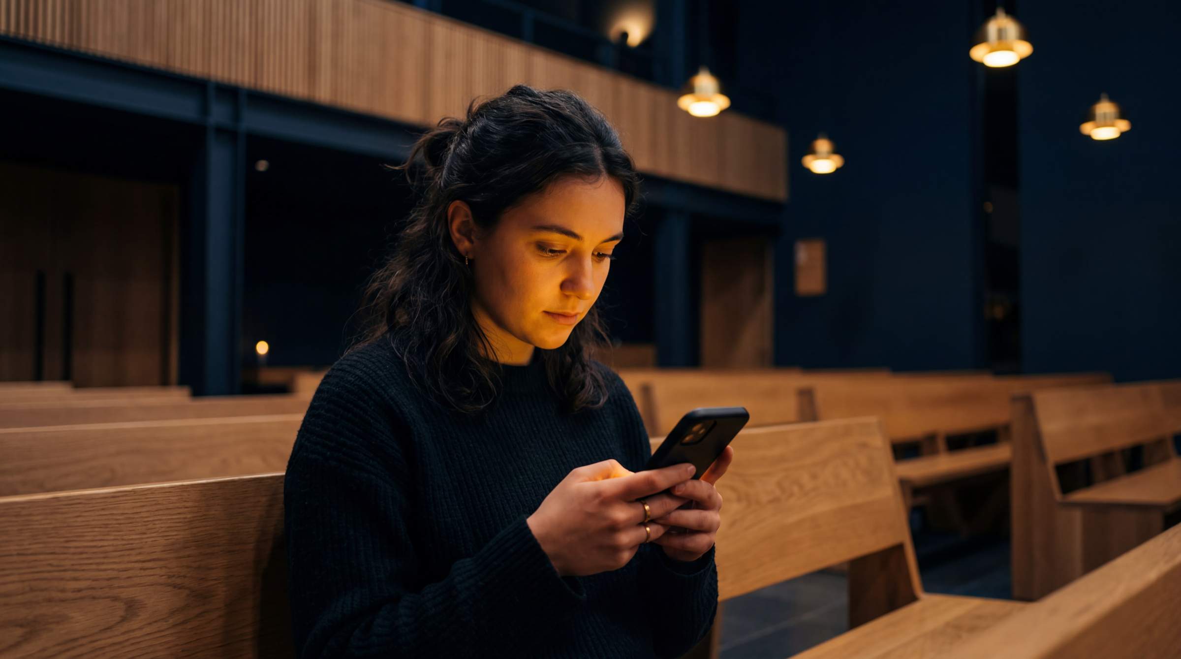 Person in church pew looking at phone with warm amber glow
