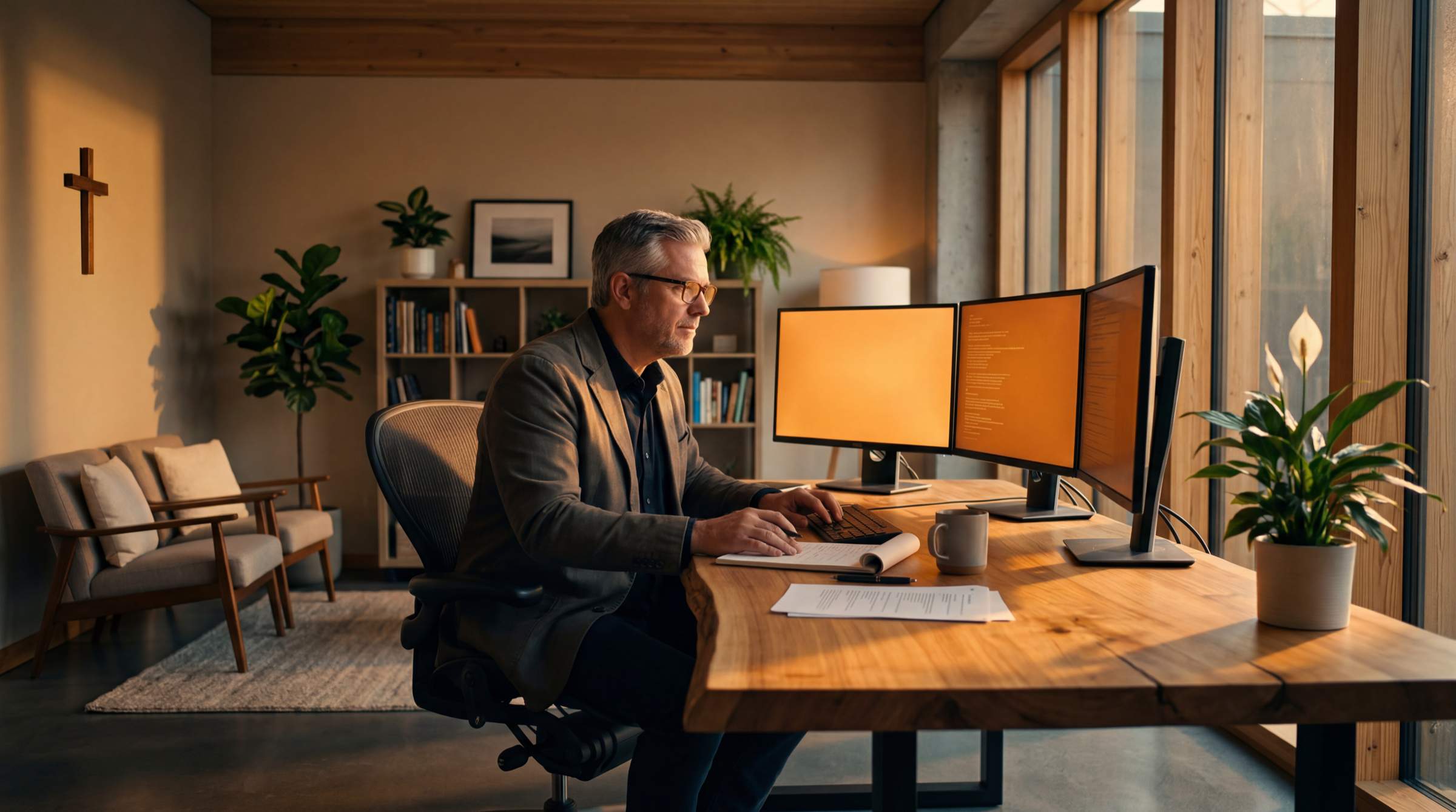 Pastoral office with warm screens and golden window light