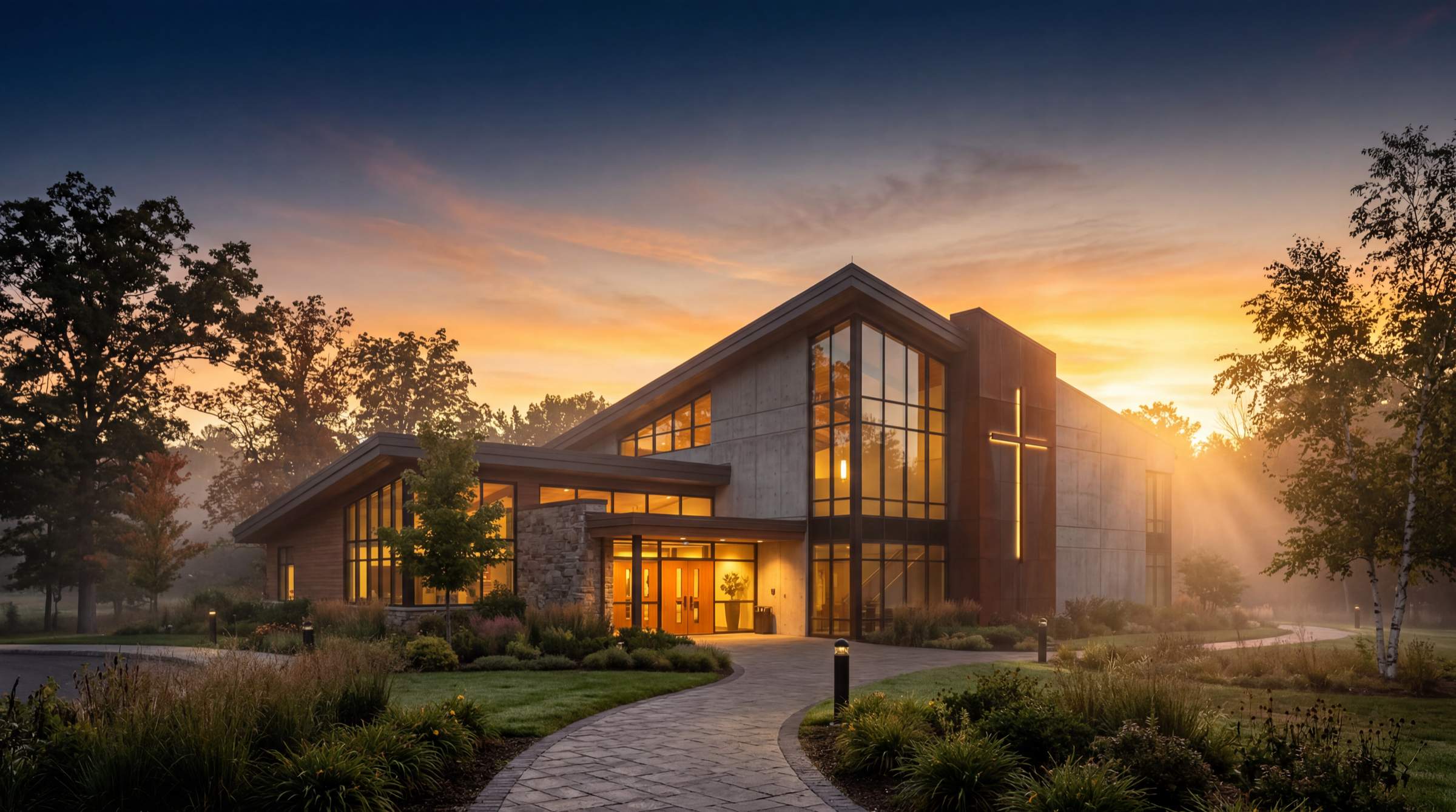 Modern church campus at dawn with golden light