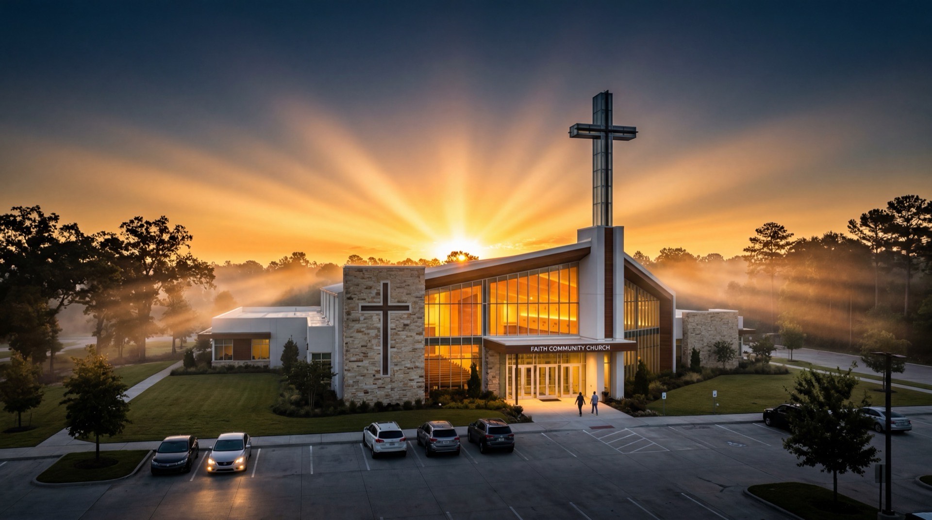 Church exterior at dawn with warm amber light breaking over the horizon
