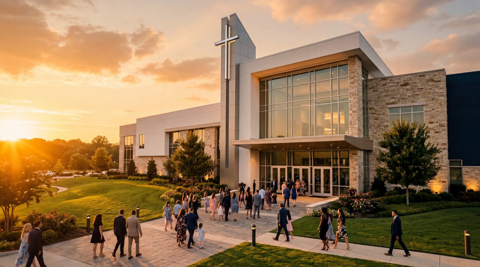 People arriving at a modern church campus bathed in golden hour light