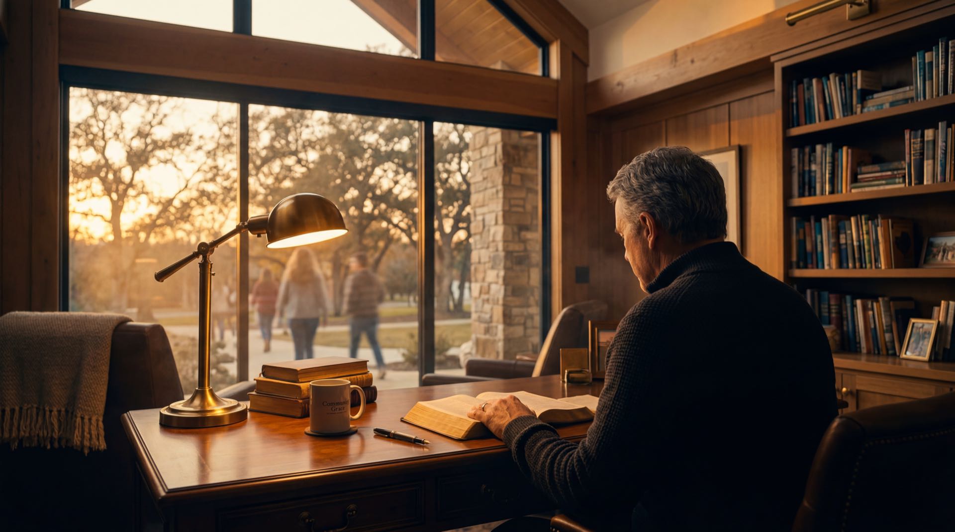 Pastor study with warm lamplight and open Bible