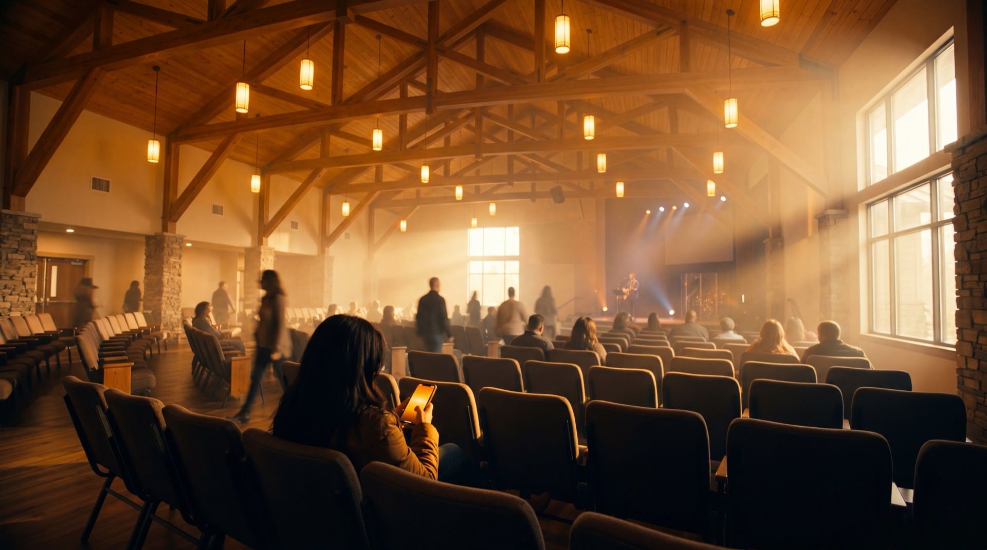 Person in warm modern worship space with phone during golden hour