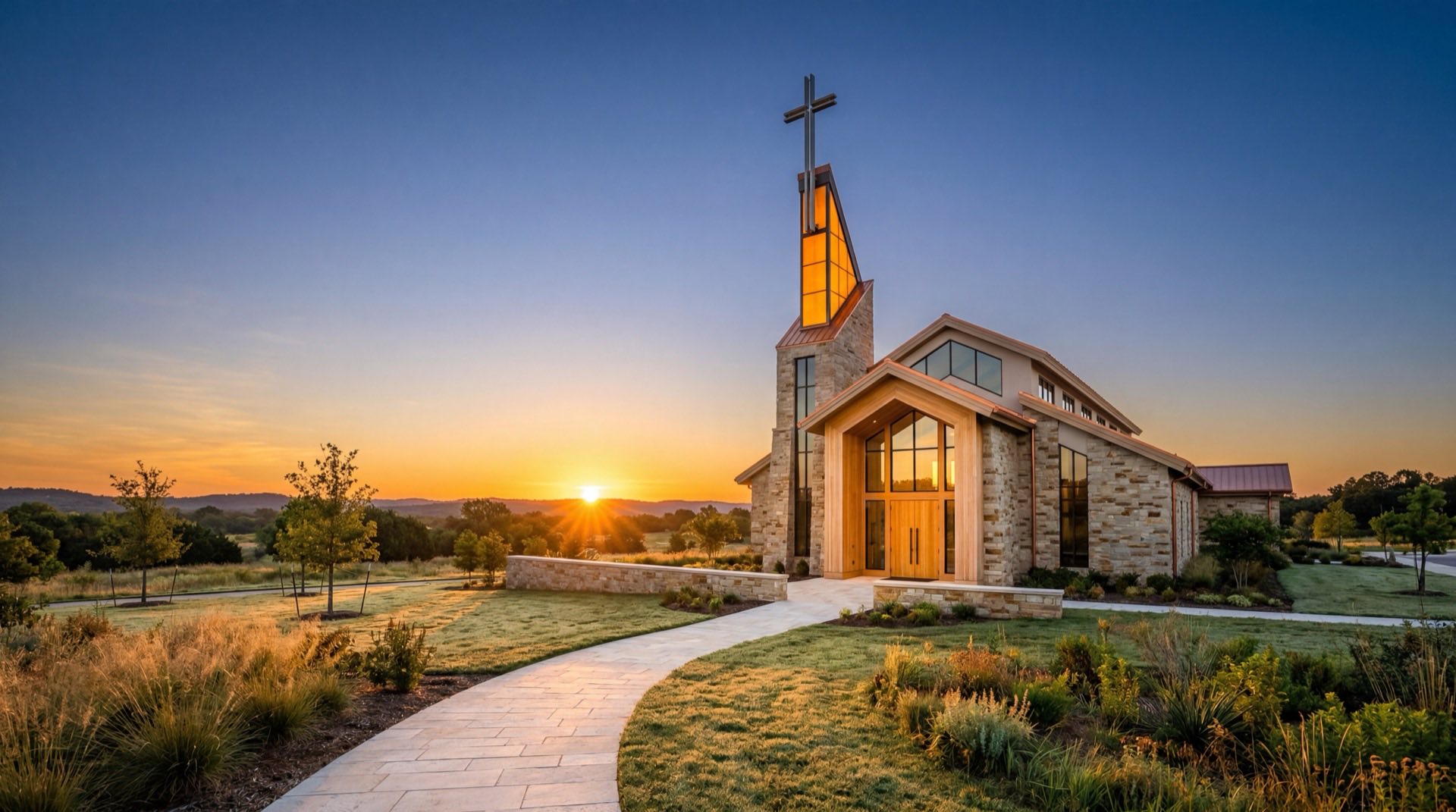 Church exterior at dawn with warm amber sunrise light